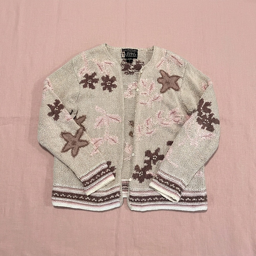 Eddie Bauer Legend Garden Floral Handknit Cardigan Linen Cotton Tan Pink Small